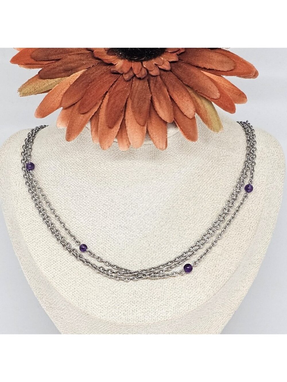 MILOR Amethyst Bead Station Chain Choker Necklace Stainless Steel  Silver Tone